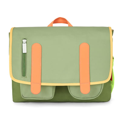 Mochila escolar infantil verde com detalhes laranja e bolsos frontais Hello Hossy