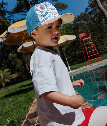 Boné infantil trucker branco e azul com motivo de baseball Hello Hossy