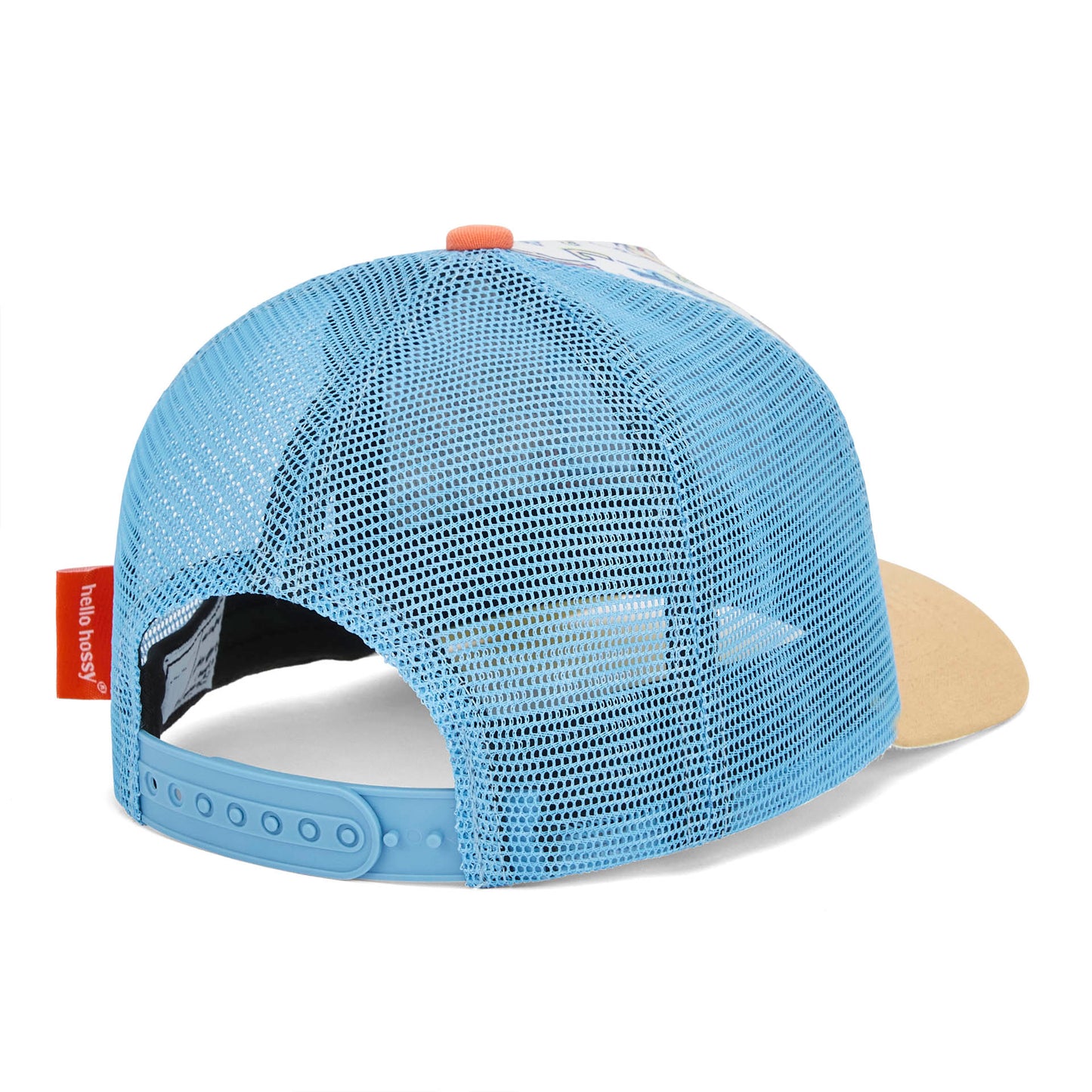 Boné infantil trucker baseball, pala bege, detalhe de fecho traseiro Hello Hossy