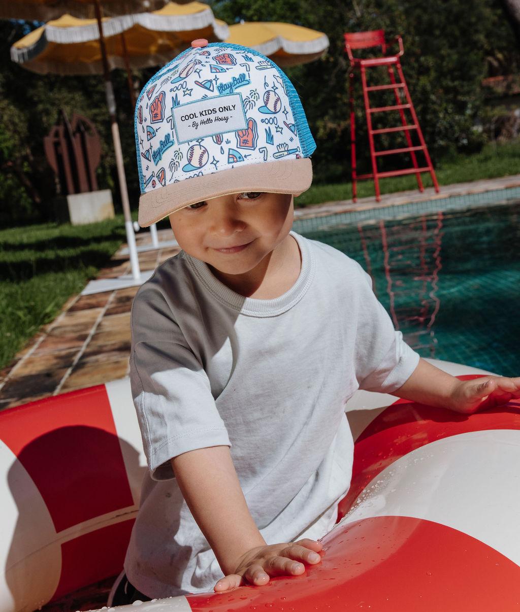 Boné infantil trucker baseball em rede azul, usado Hello Hossy