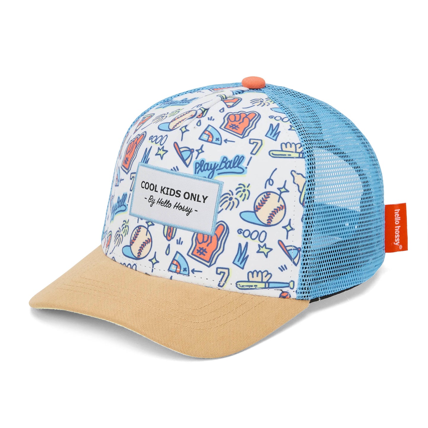 Boné trucker azul para criança com padrão baseball, não usado, Hello Hossy