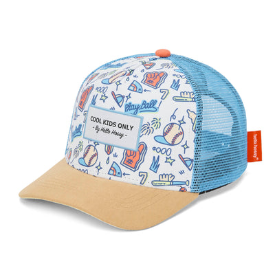 Boné trucker azul para criança com padrão baseball, não usado, Hello Hossy