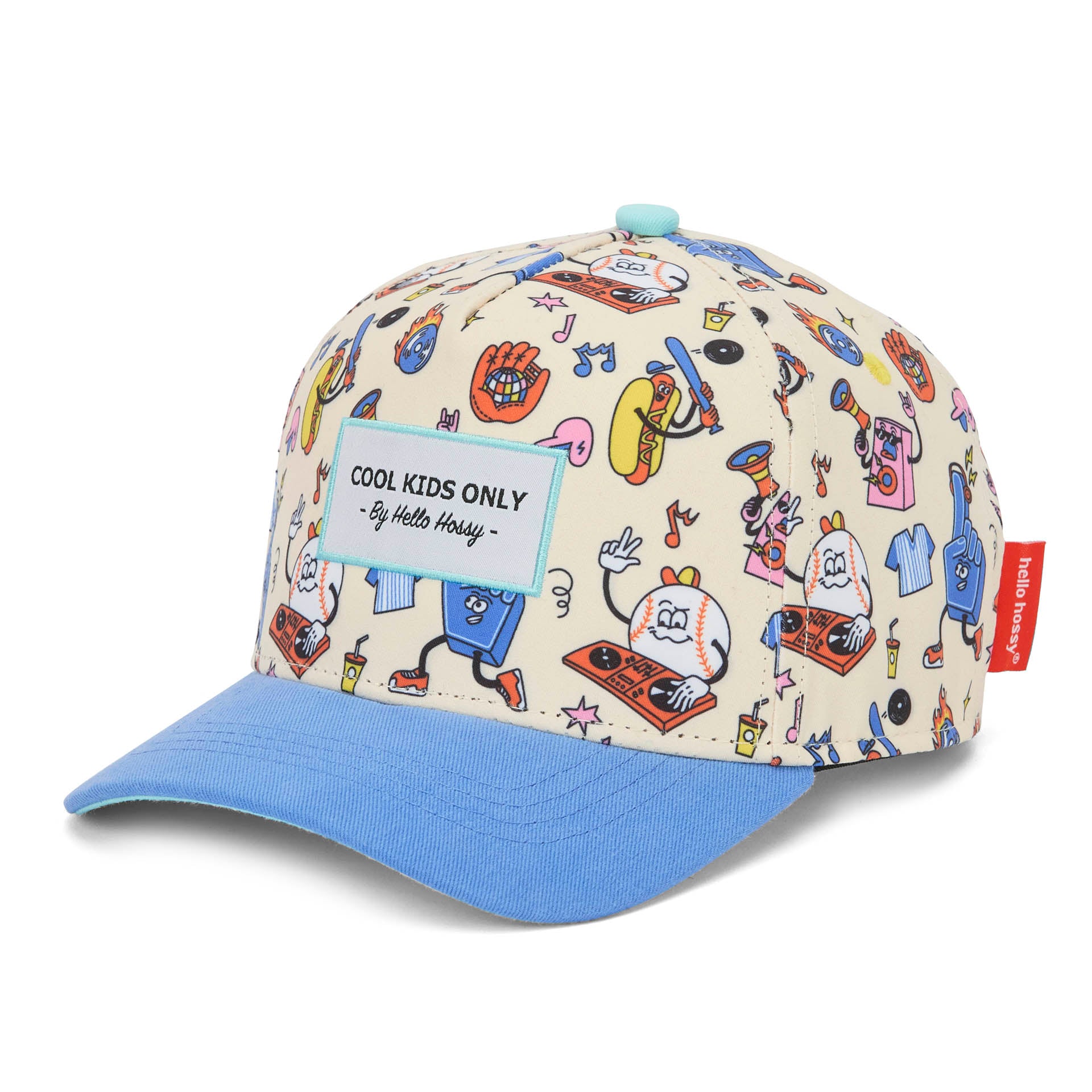 Boné infantil bege com estampado de desporto, pala azul e bordado Cool Kids Only Hello Hossy