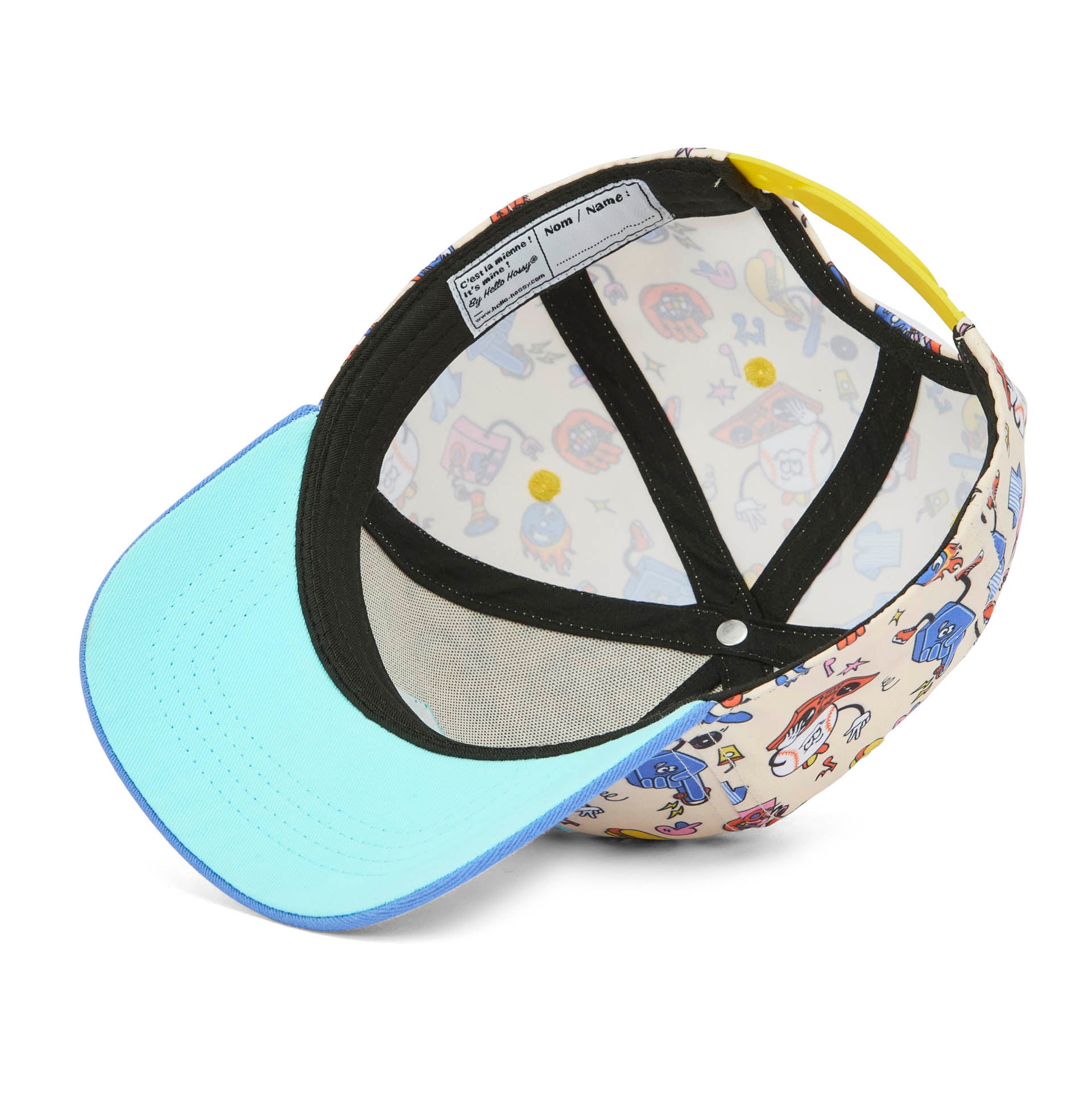 Boné infantil azul e bege com estampado de desporto, pala curva Hello Hossy