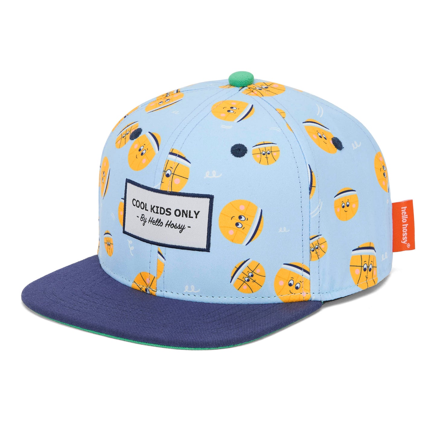 Boné infantil azul-claro com padrão de balões, pala azul marine, não usado Hello Hossy