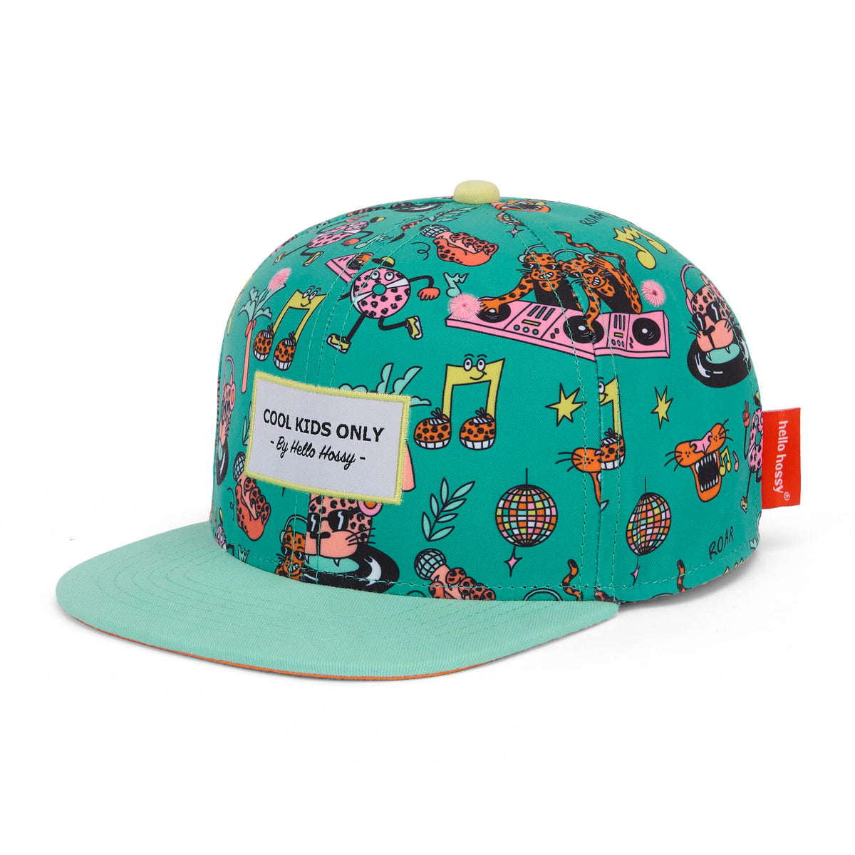 Boné infantil verde com padrões coloridos, sem ser usado, Hello Hossy