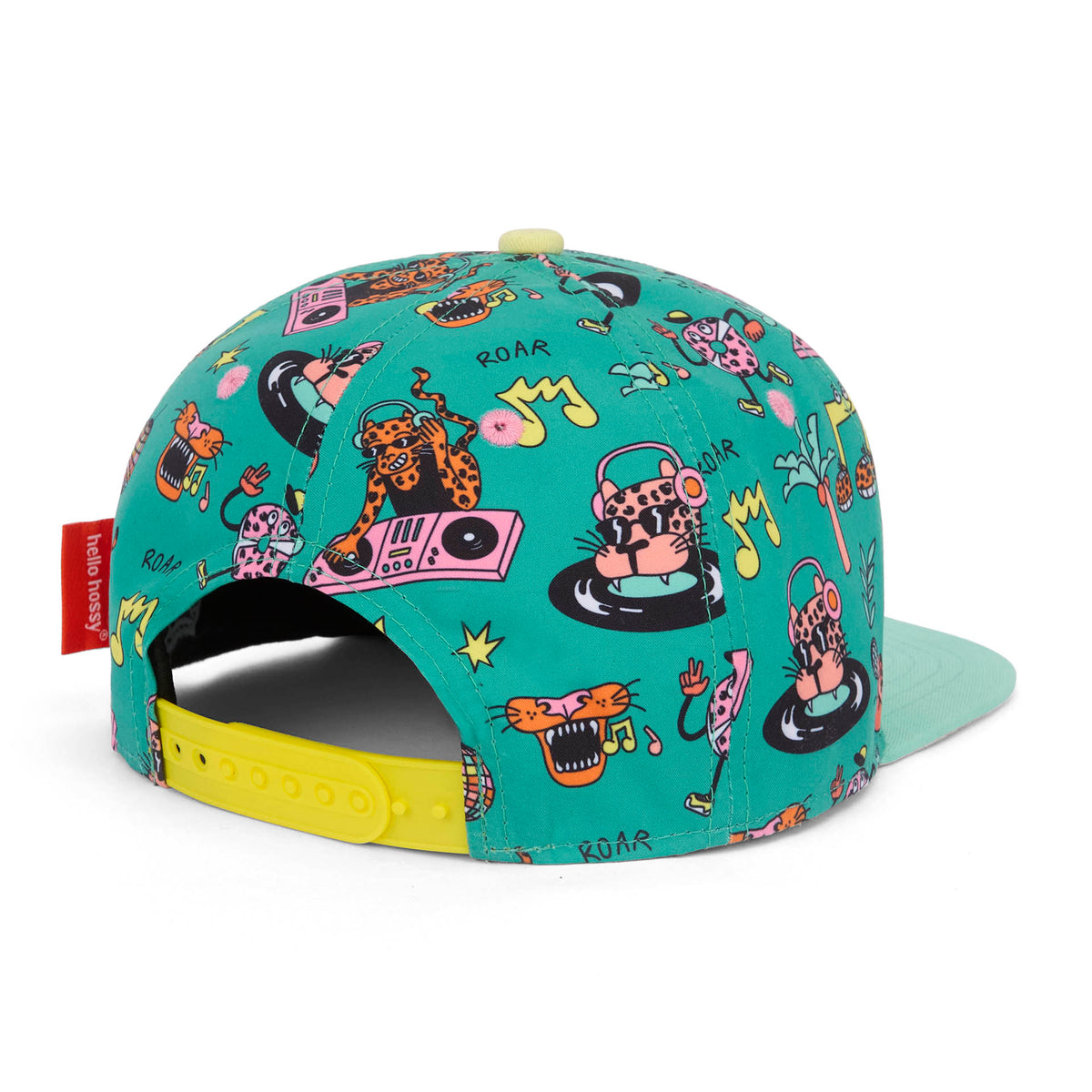 Boné infantil verde, estampado multicolorido, detalhe de fecho traseiro Hello Hossy
