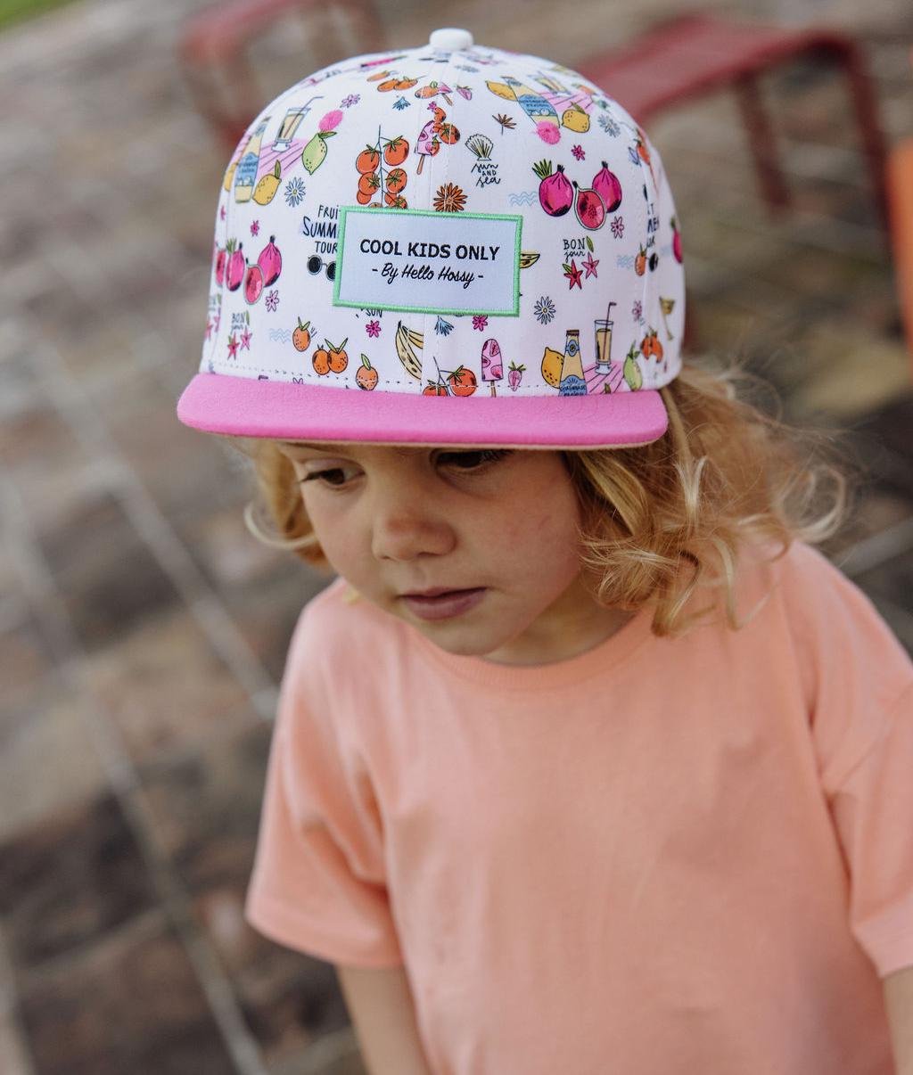Boné infantil estampado multicolorido com pala rosa Hello Hossy
