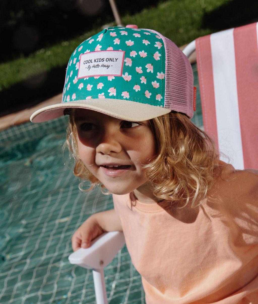 Boné para criança trucker verde florido, rede rosa, usado Hello Hossy