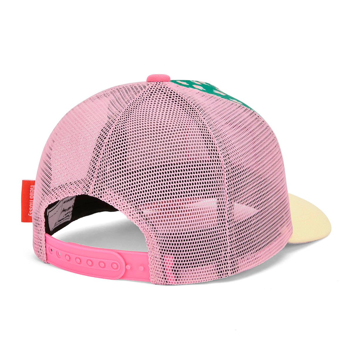 Boné infantil trucker verde, flores rosas e rede, detalhe do fecho traseiro Hello Hossy