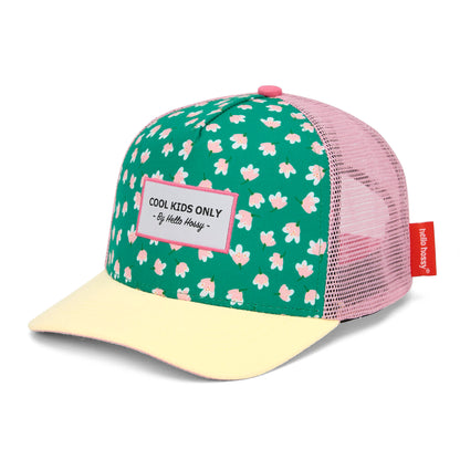Boné para criança trucker verde com motivo de flores rosas, sem ser usado Hello Hossy