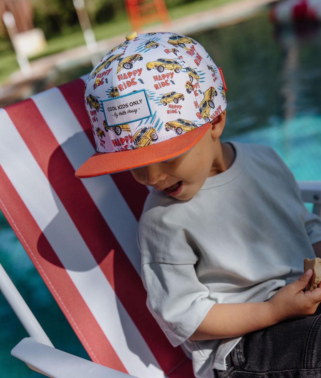 Boné infantil com estampado de carro amarelo, pala laranja Hello Hossy