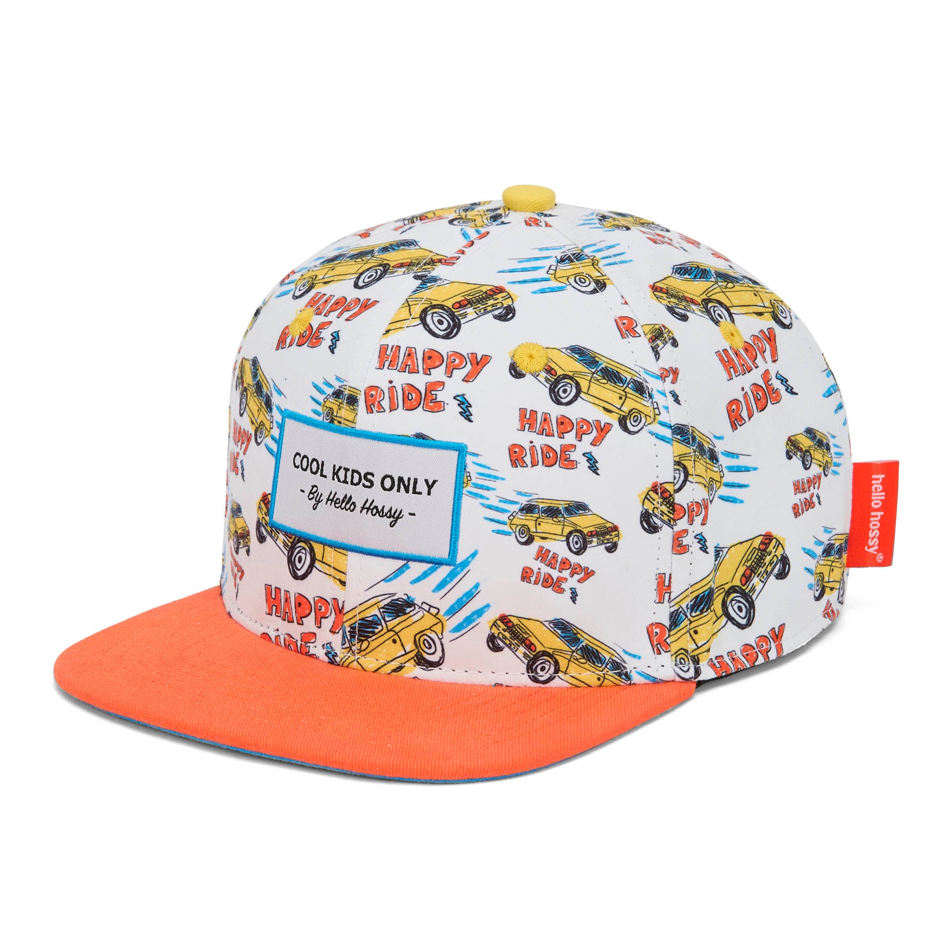 Boné infantil com padrão de carros, pala laranja, não usado Hello Hossy