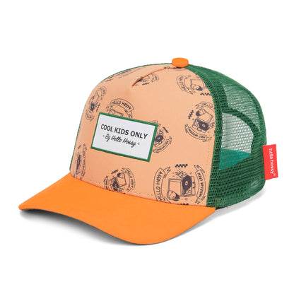 Boné infantil laranja com estampado de música, rede verde e pala curva Hello Hossy