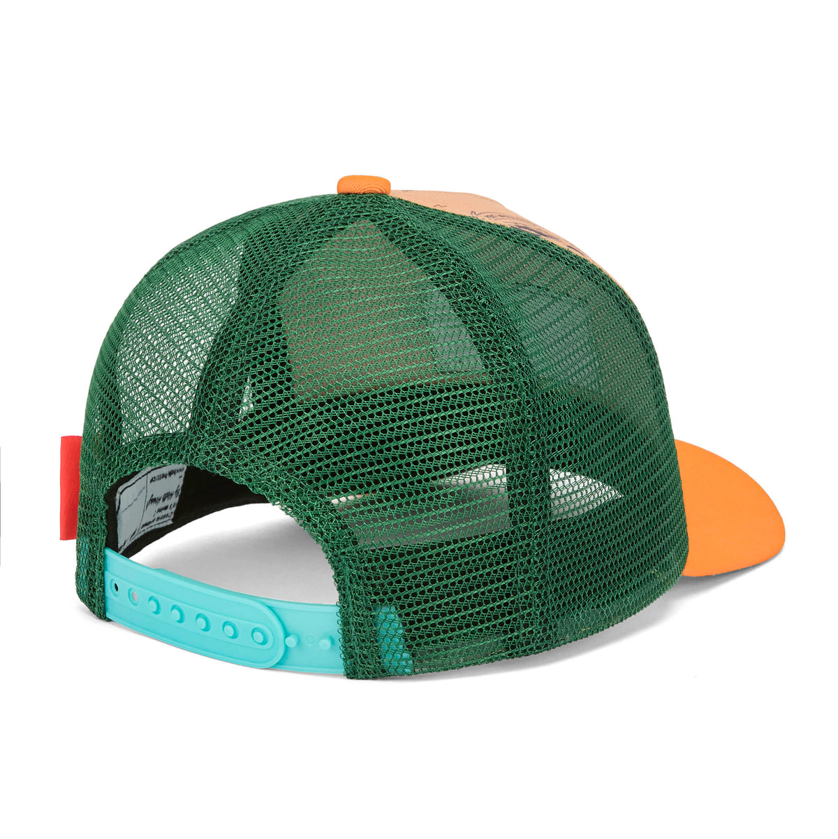 Boné infantil laranja com pala curva, rede verde ajustável Hello Hossy