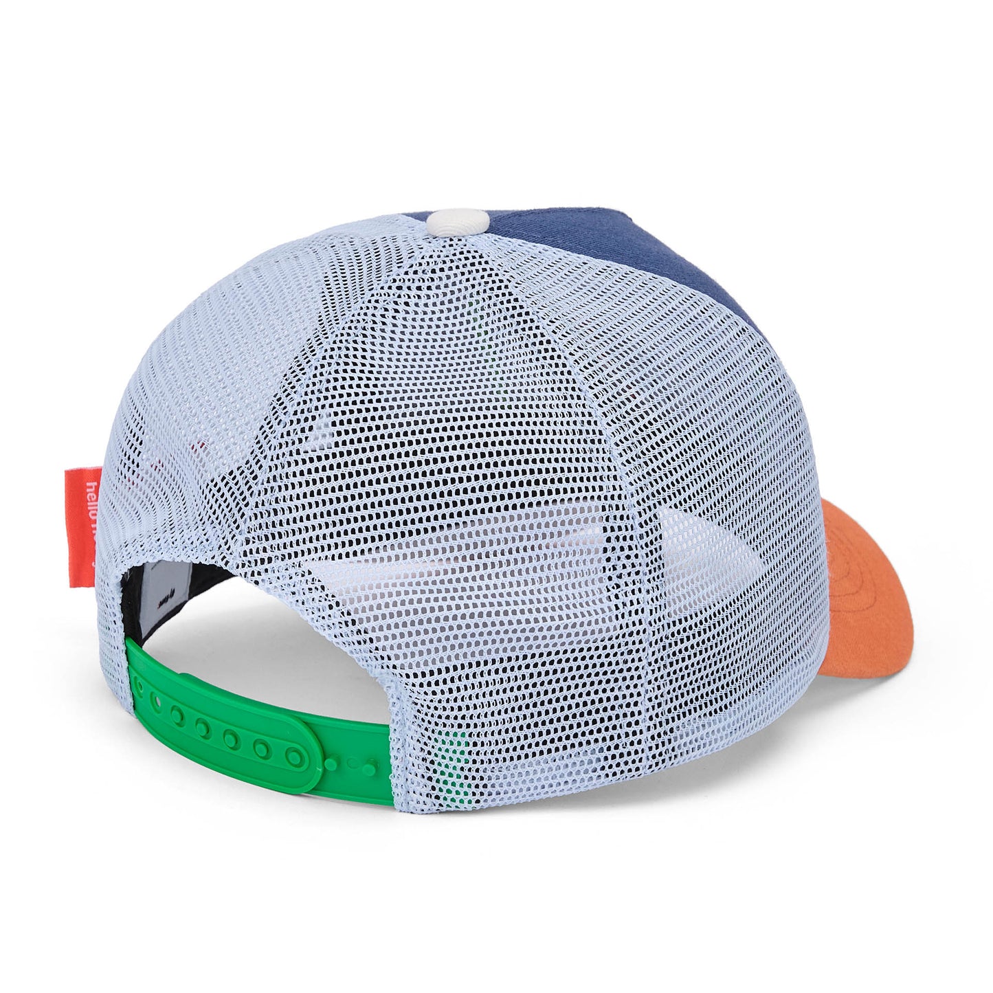 Boné infantil azul com mesh branco, pala laranja ajustável Hello Hossy