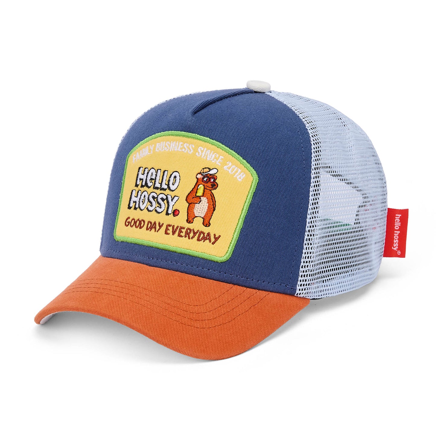 Boné infantil azul com pala laranja, rede traseira e patch Hello Hossy