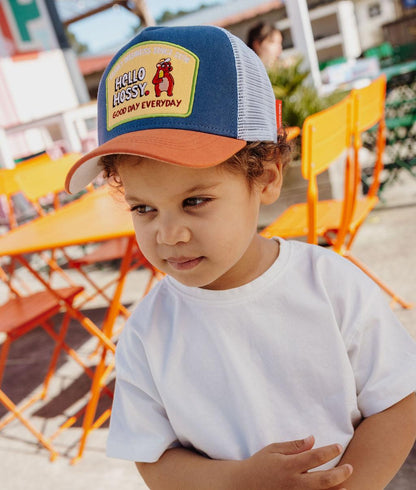 Boné infantil azul-laranja com pala curva e patch Hello Hossy