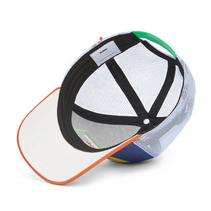 Boné infantil azul laranja com pala curva e rede branca Hello Hossy