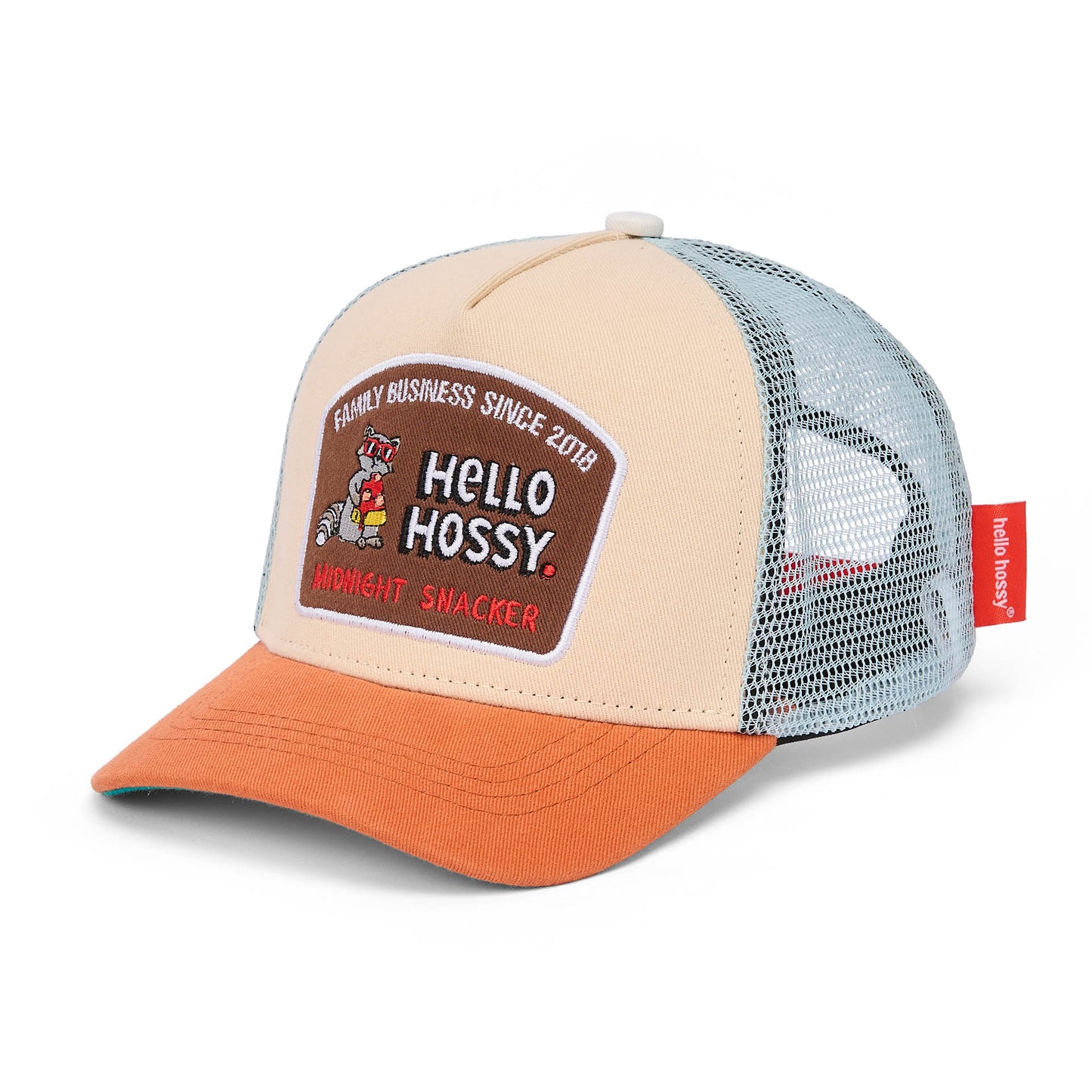 Boné para criança bege e laranja, pala curva, rede, Hello Hossy