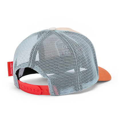 Boné infantil bege e laranja com rede azul e pala curva, Hello Hossy