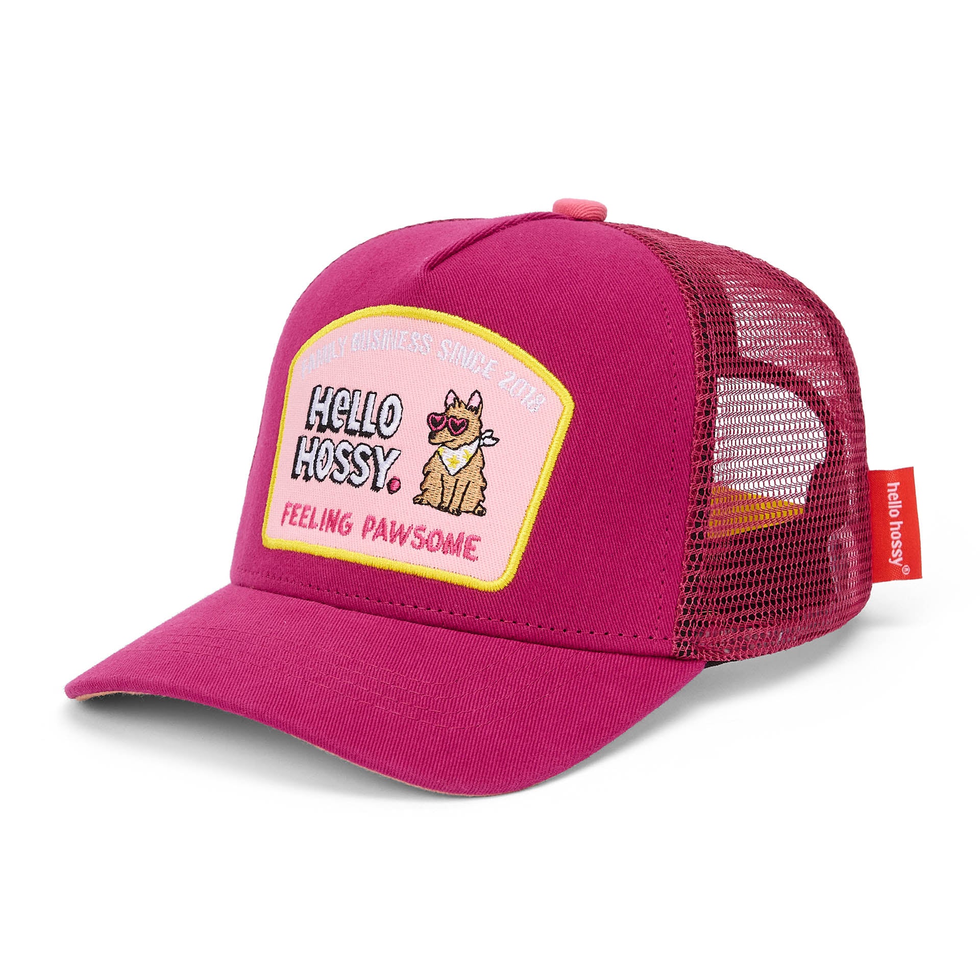 Boné infantil fuchsia com pala curva e patch de cão Hello Hossy