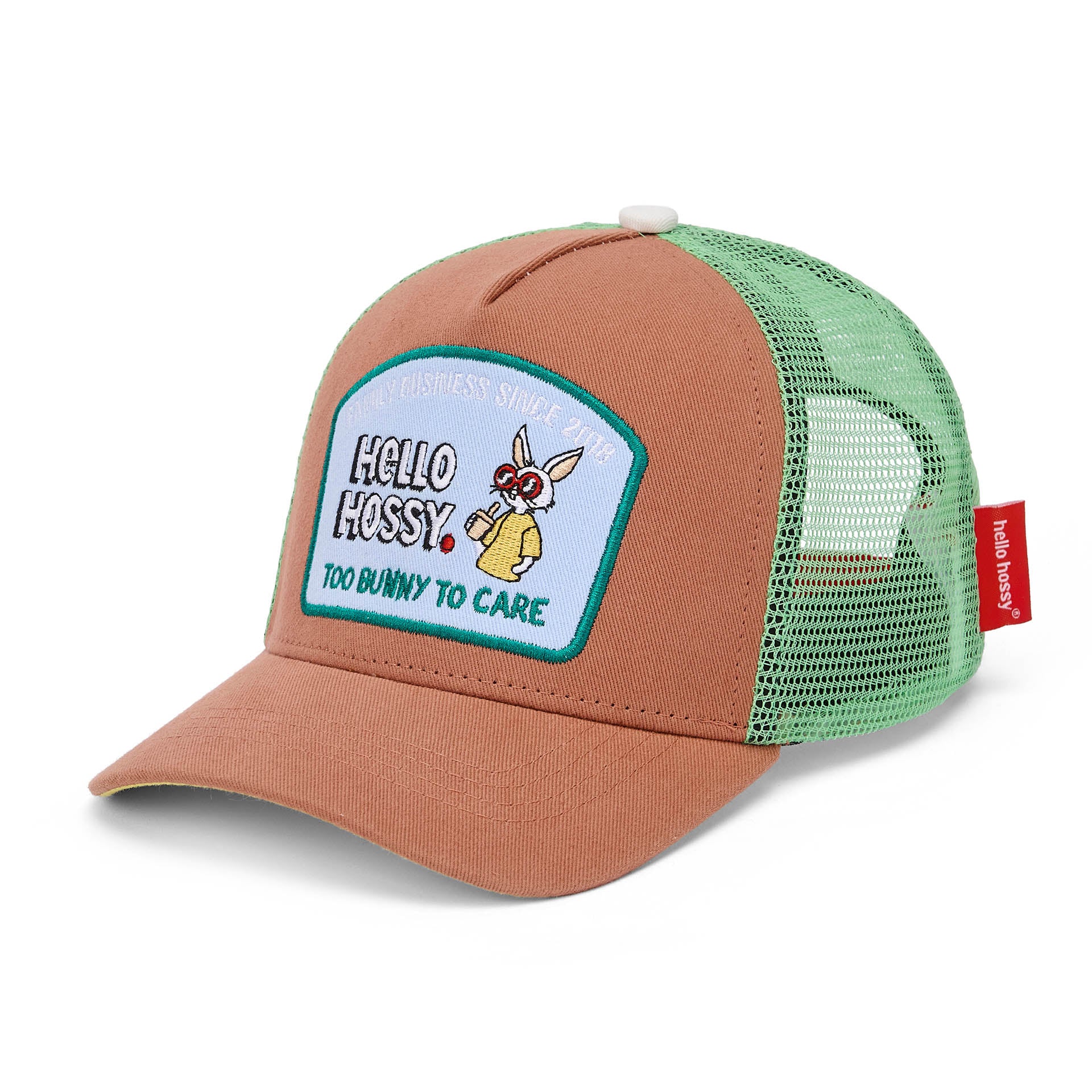 Boné infantil castanho e verde com pala curva e patch de coelho Hello Hossy