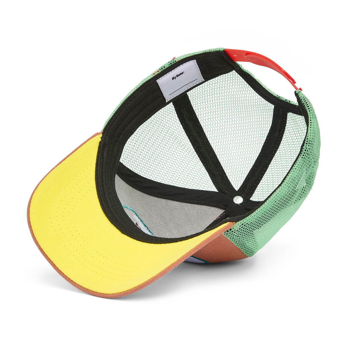 Boné infantil castanho e verde, pala curva, rede ajustável Hello Hossy