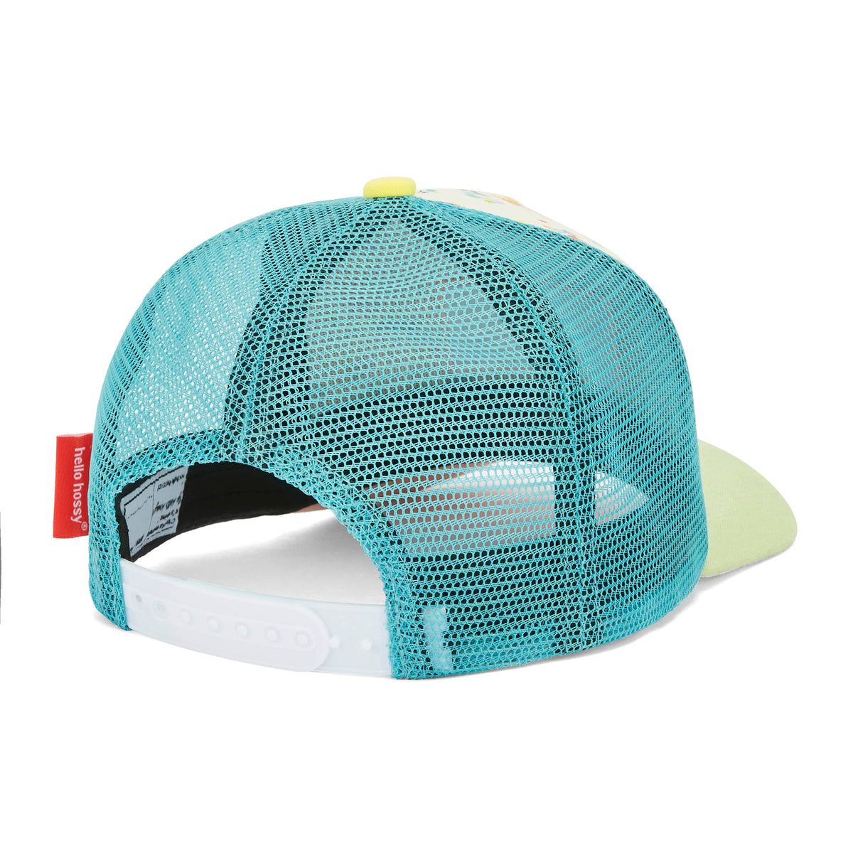 Boné infantil bege e azul com rede traseira ajustável e pala curva Hello Hossy