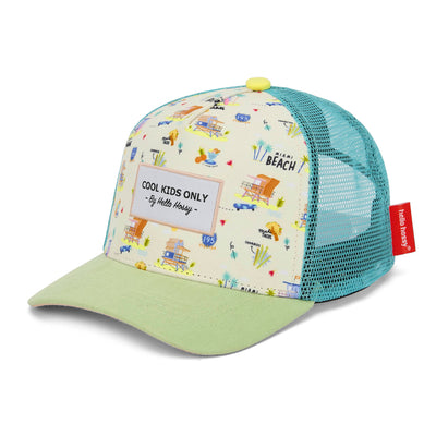 Boné infantil bege e azul com estampado USA e pala curva Hello Hossy
