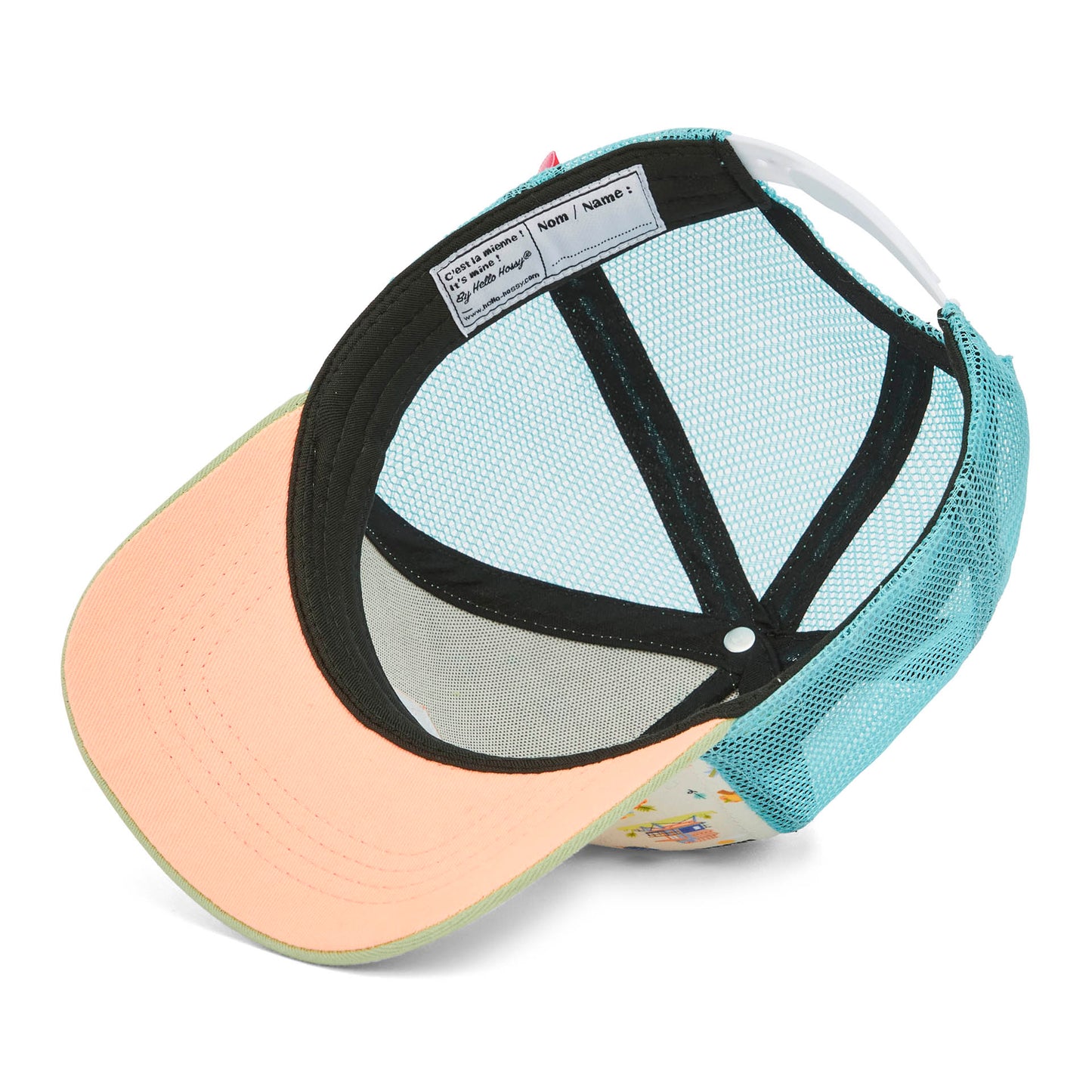 Boné infantil bege e azul com estampado USA e pala curva Hello Hossy
