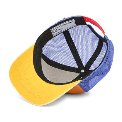 Boné infantil amarelo com pala curva e rede azul, Hello Hossy