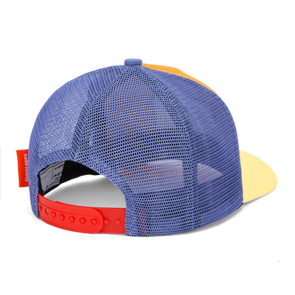 Boné infantil azul com rede vermelha, pala amarela, ajustável Hello Hossy