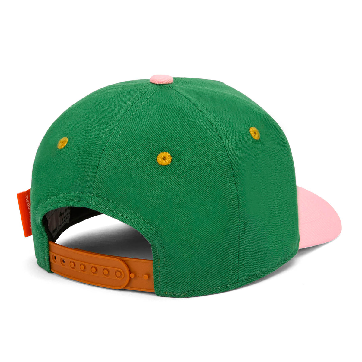 Boné infantil verde usado, detalhe do fecho traseiro Hello Hossy