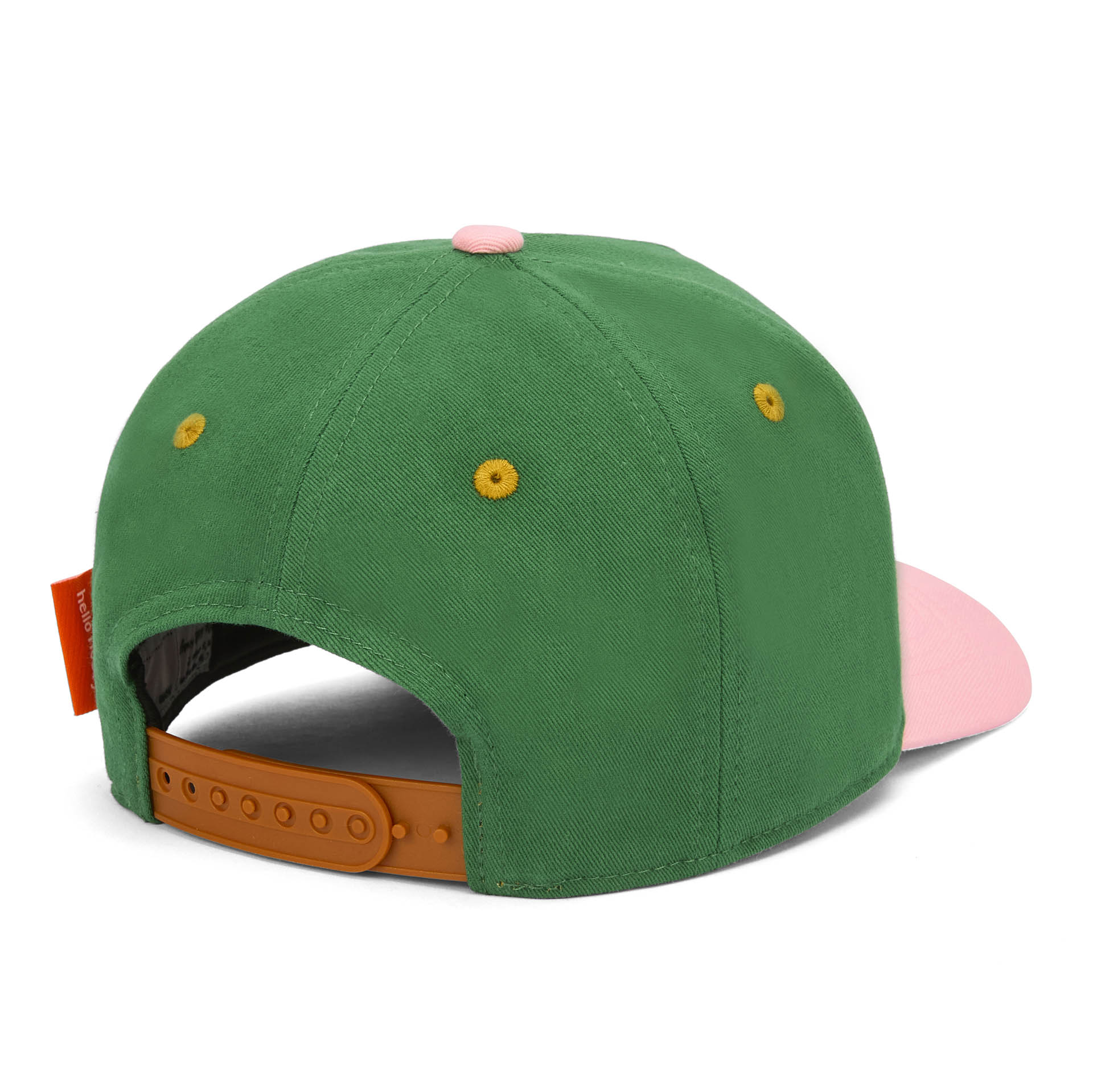 Boné infantil verde usado, detalhe do fecho traseiro Hello Hossy