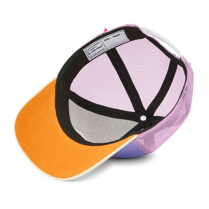 Boné infantil violette e rosa trucker, detalhe da etiqueta interior Hello Hossy