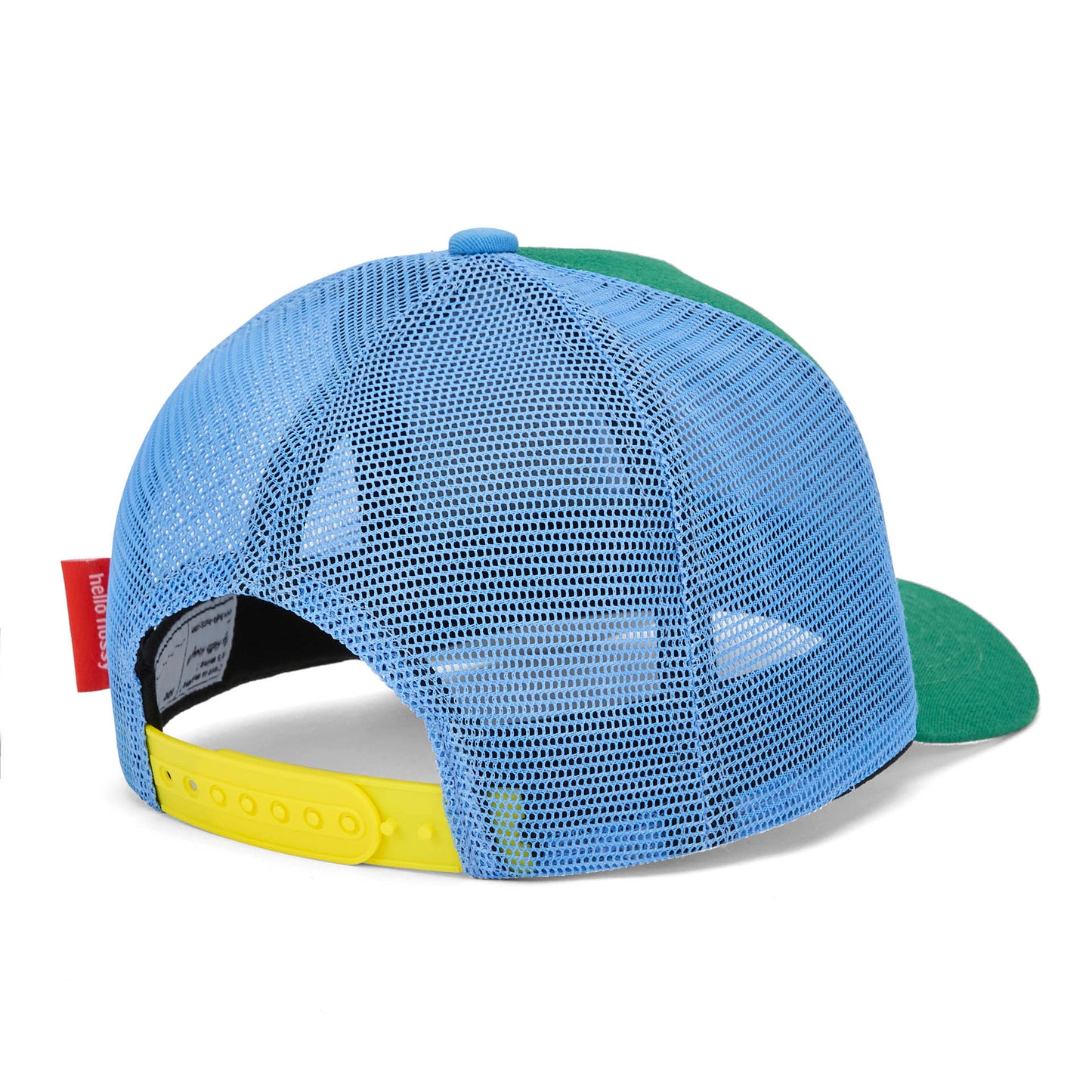 Boné infantil verde e azul, rede traseira, detalhe ajustável Hello Hossy