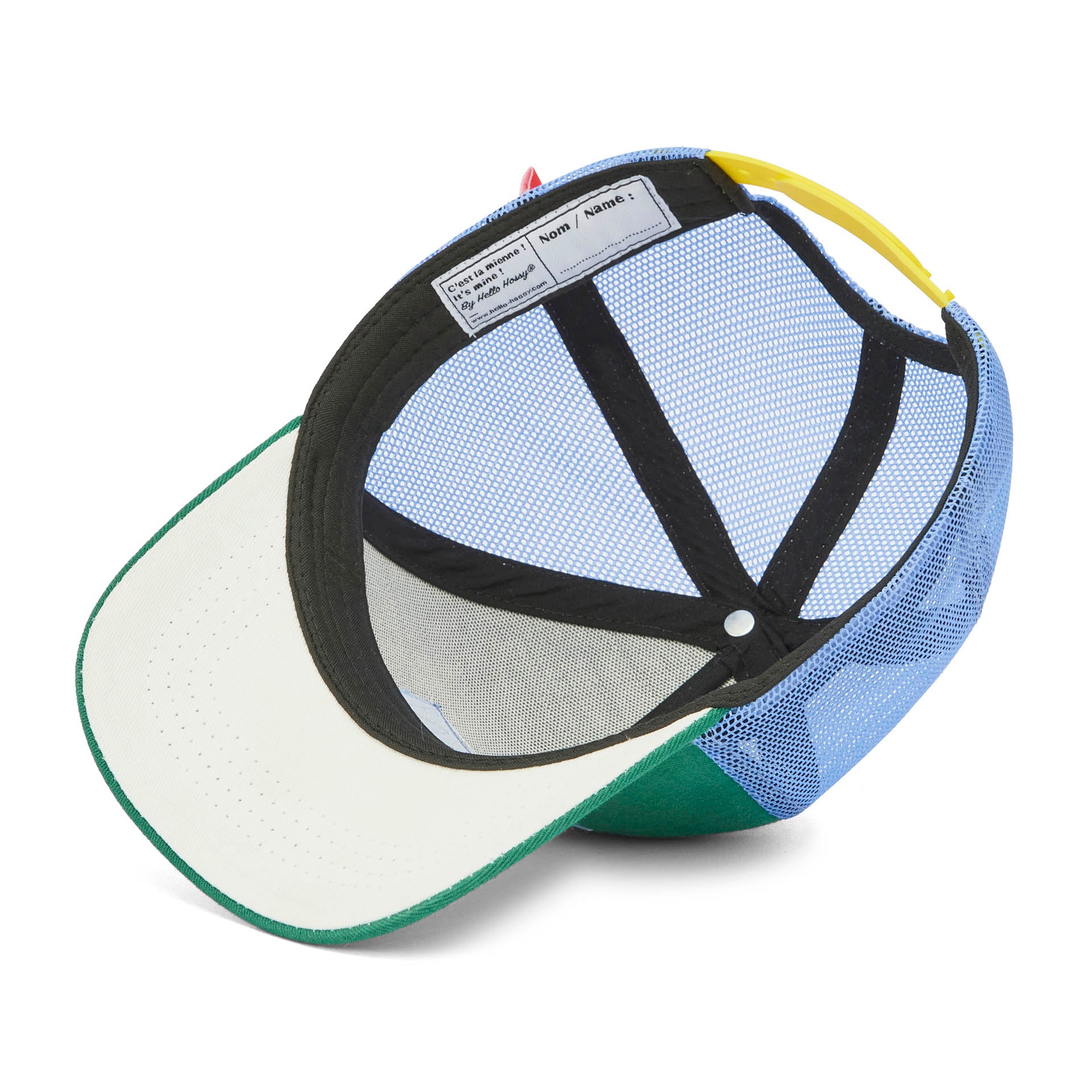 Boné infantil verde e azul com pala curva, rede traseira e etiqueta interior Hello Hossy