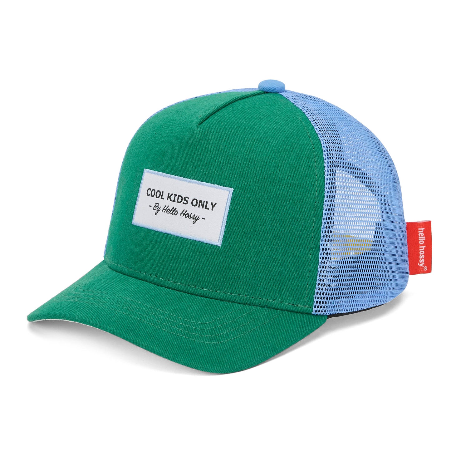 Boné infantil verde e azul com rede traseira e pala curva Hello Hossy