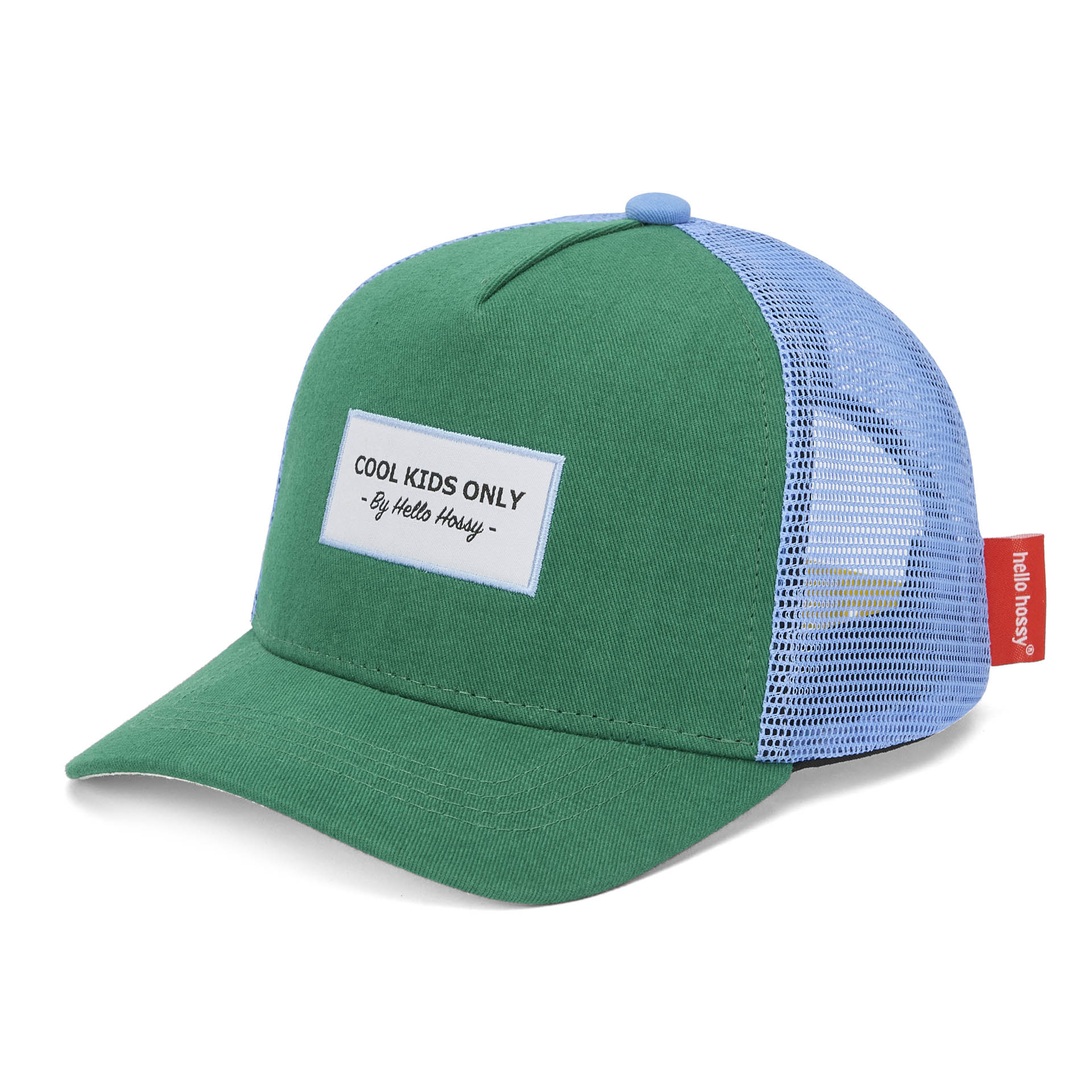 Boné infantil verde e azul com rede traseira e pala curva Hello Hossy