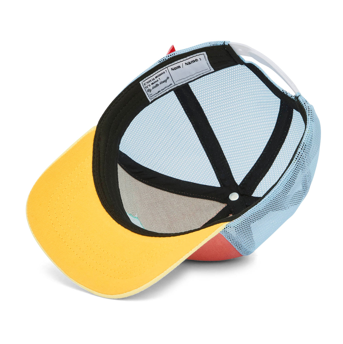 Boné infantil trucker laranja com pala amarela e detalhe de etiqueta interior Hello Hossy