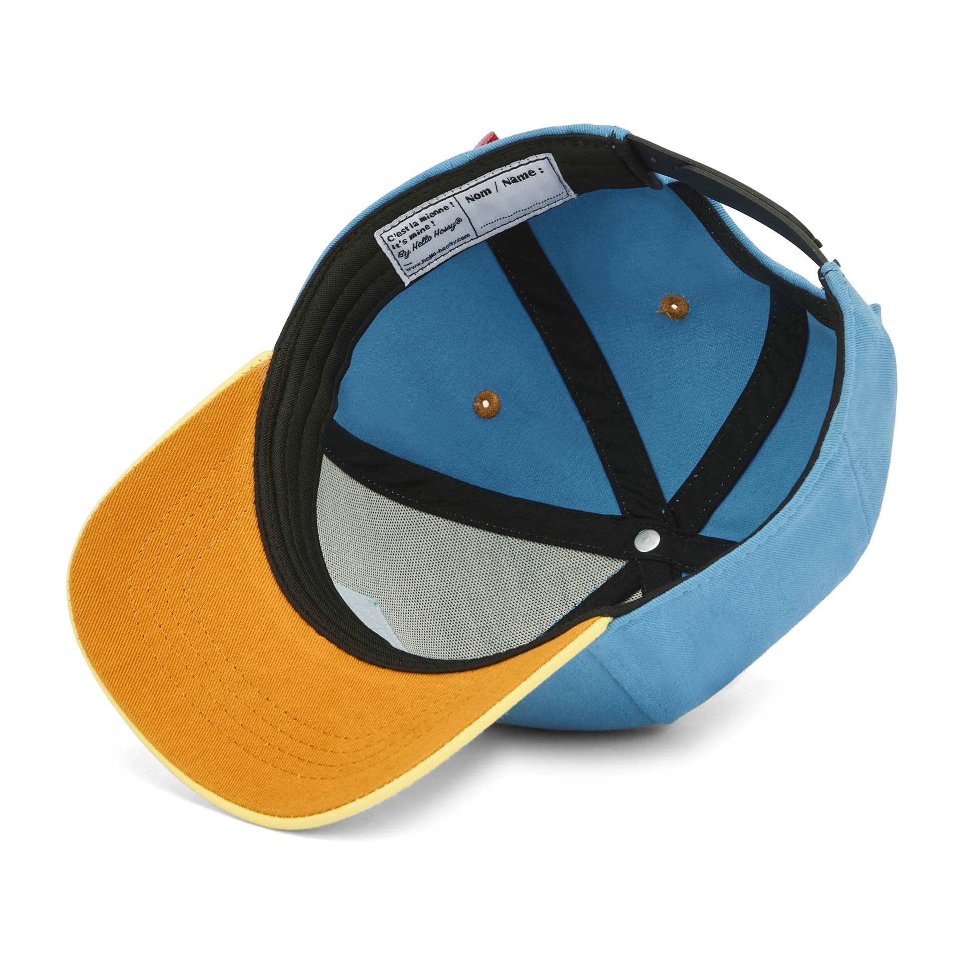 Boné infantil azul com pala amarela e interior preto Hello Hossy