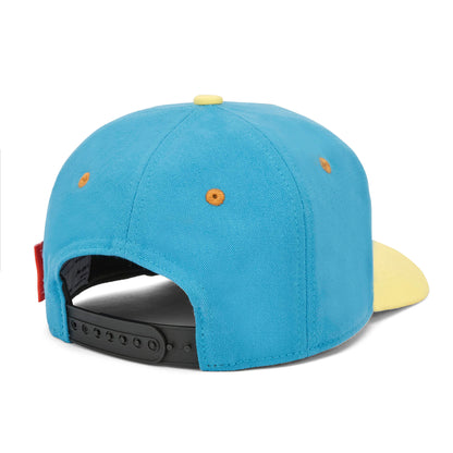Boné infantil azul e amarelo com pala curva ajustável Hello Hossy