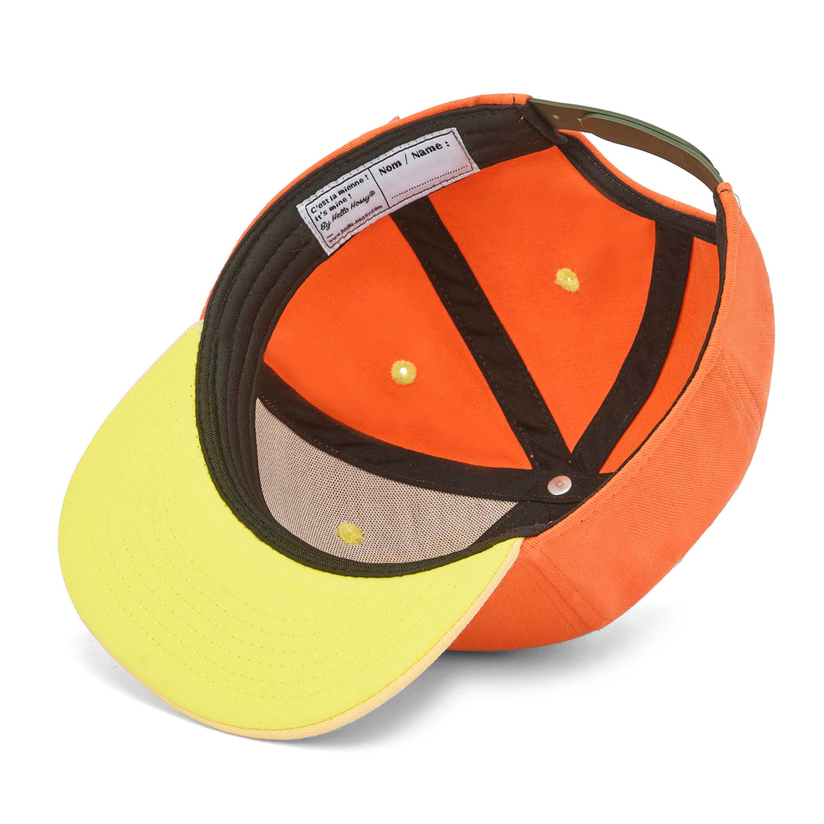 Boné infantil laranja e amarelo, pala reta ajustável Hello Hossy