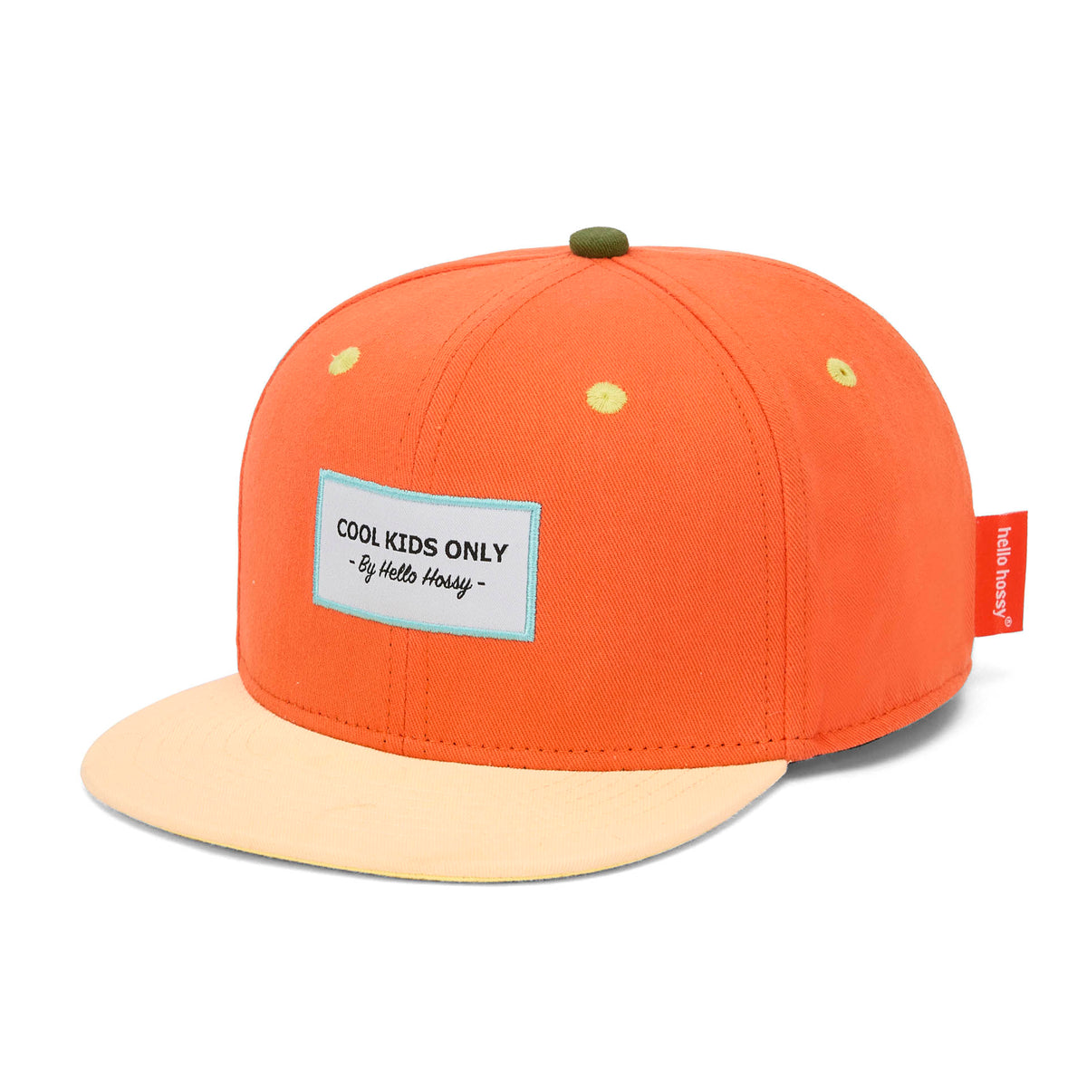 Boné de criança laranja e amarelo, pala reta, bordado Cool Kids Only Hello Hossy