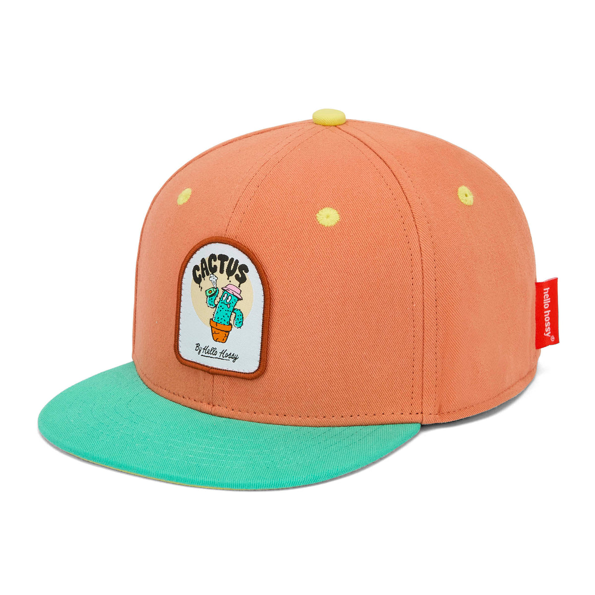 Boné infantil laranja com pala verde, patch cactus Hello Hossy
