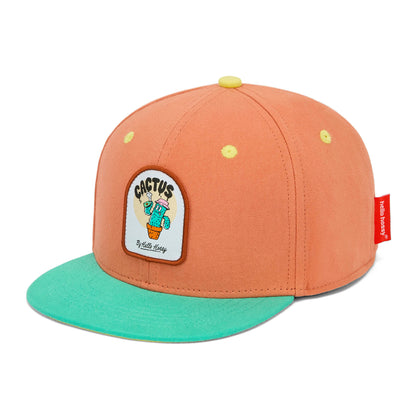 Boné infantil laranja com pala verde, patch cactus Hello Hossy