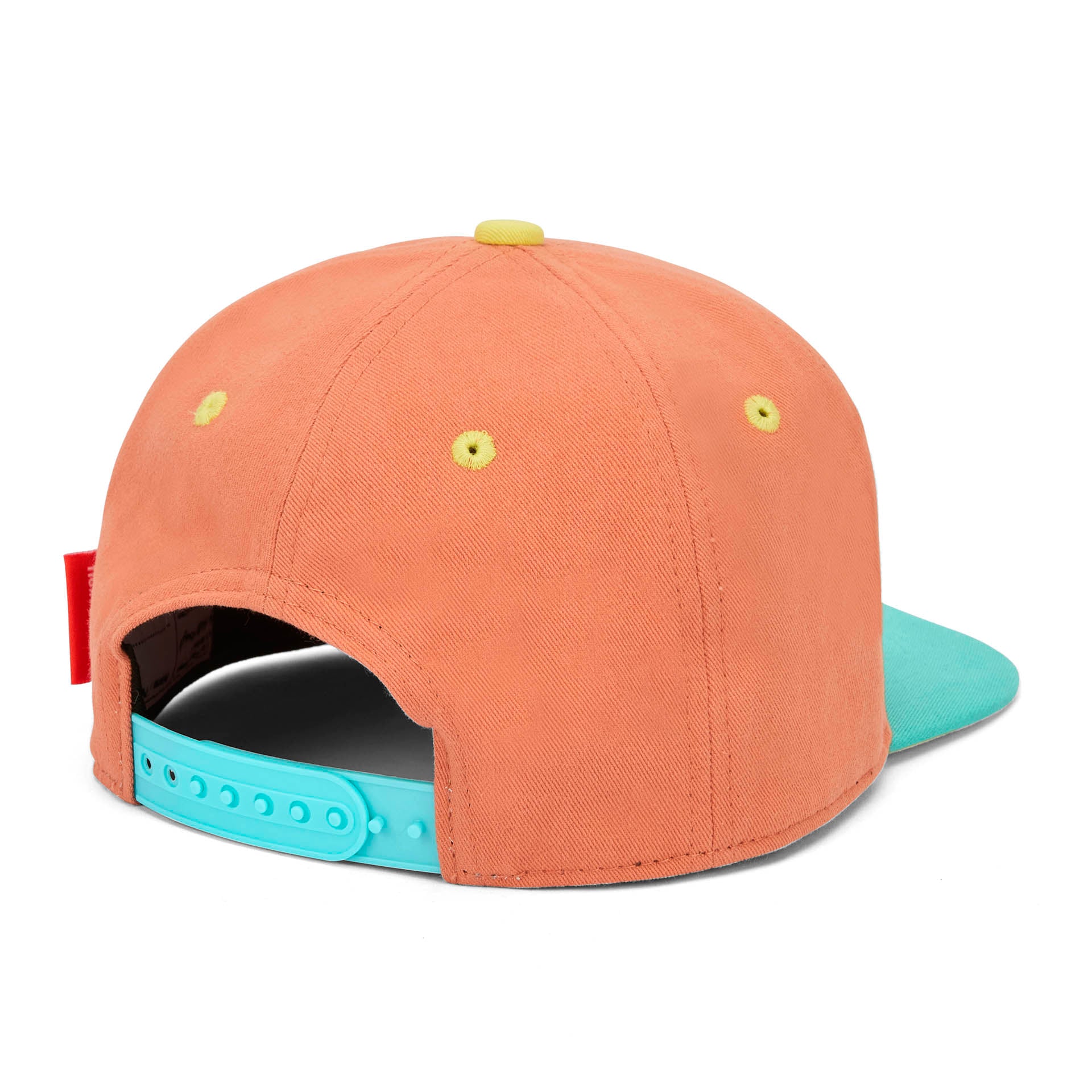 Boné infantil laranja com pala reta azul e parte traseira ajustável Hello Hossy