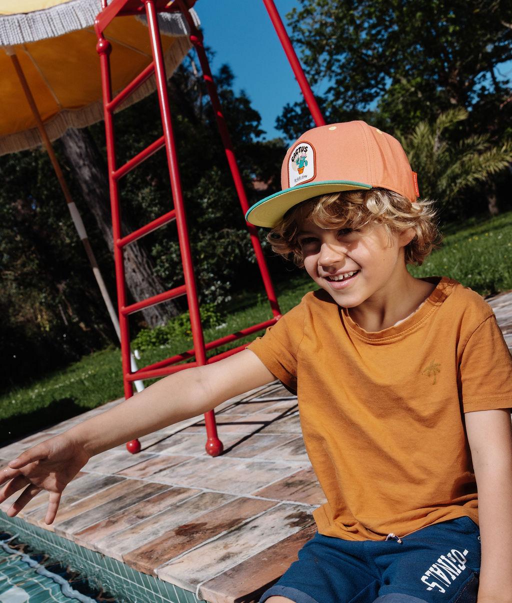 Boné infantil laranja com pala reta, patch cactus, usado Hello Hossy