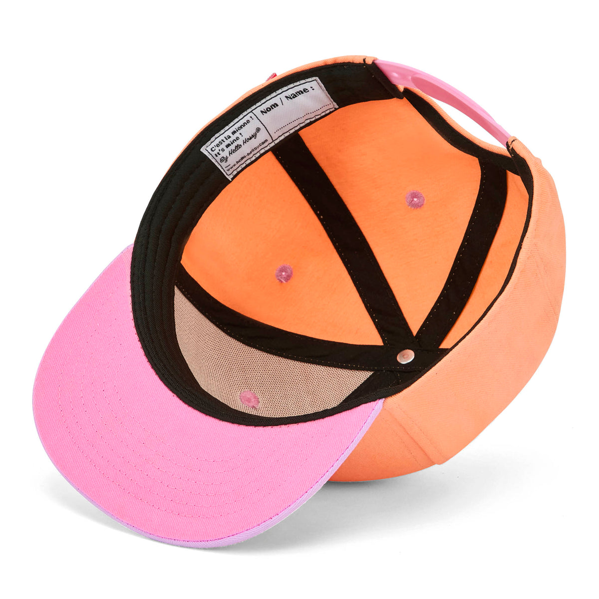 Boné infantil laranja e rosa com patch e pala reta Hello Hossy